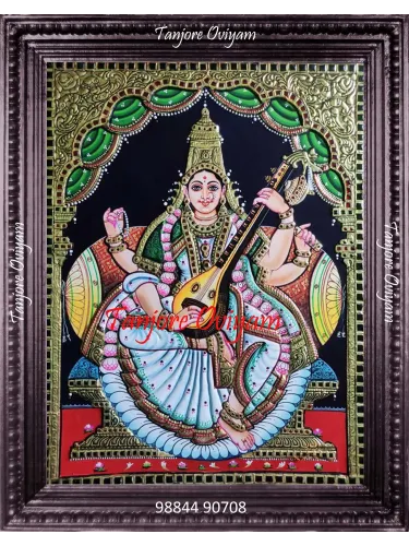 Handcrafted Saraswathi Ji Tanjore painting with veena and gold foil detailing